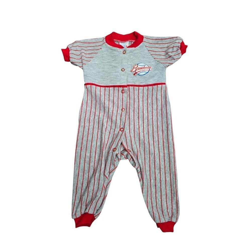 Vintage Baby Boy Baseball Grey Red Striped One Piece Outfit
